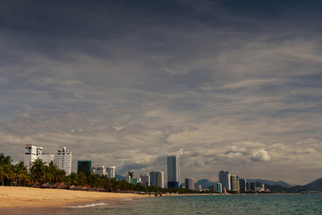 Fototapeta premium view of palm sand beach of Vietnamese resort city