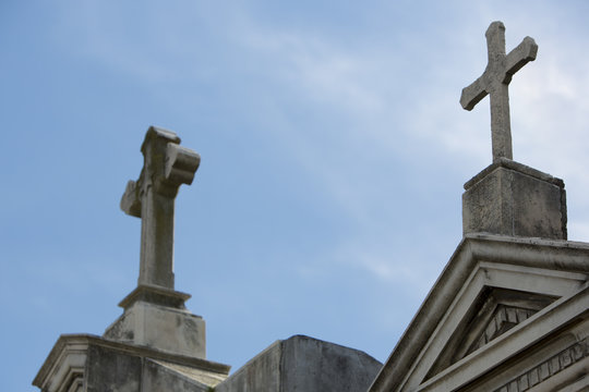 Detail of grave in la Recoleta Cemetery with blue sky