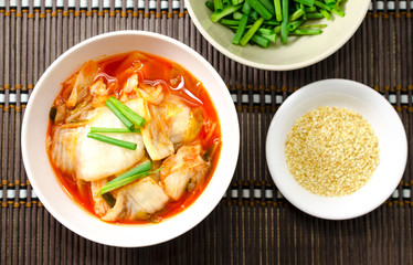 top view horizontal of Korean traditional food cabbage salad with hot pepper (kimchi)