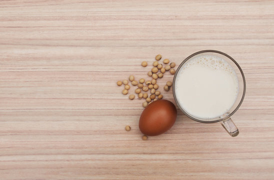top view of egg,soy beans and soy milk