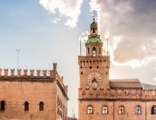 Fototapeta premium Clock tower of the town hall in Bologna in Italy