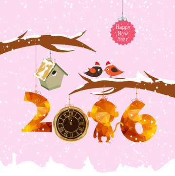 happy new year 2016 with birdhouse for winter. Gold clock geometrical