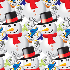 Seamless pattern with snowmen in different outfits