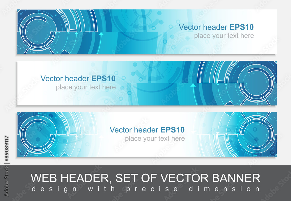 Poster set of three horizontal website header or banner templates with technological pattern