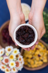 Hands hold sunflower seeds in white bowl