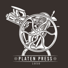 Platen press vector illustration. Old letterpress logo design