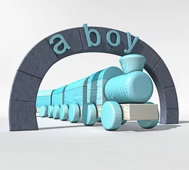 Fototapeten Blauwe houten speelgoed trein onder poort met Engelse tekst "een jongen" © emieldelange