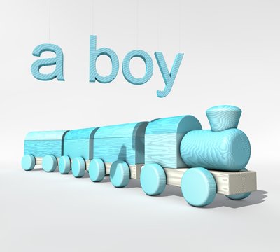 Blauwe houten speelgoed trein met Engelse tekst "een jongen"