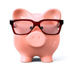 Piggy bank with calculator, glasses, coin stacks and plant