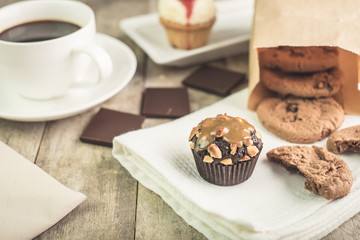 brownie almond cake on the wood table