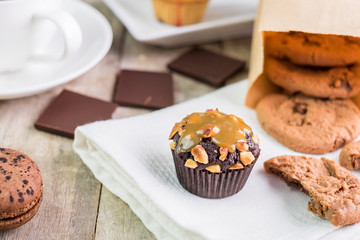 brownie almond cake on the wood table