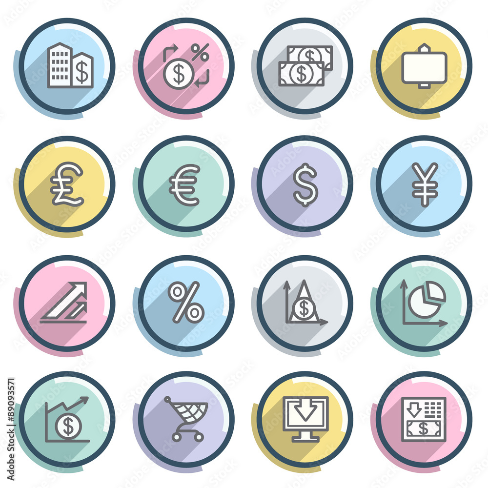 Sticker Finance contour icons on color buttons. Flat design.