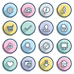 Basic contour icons on color buttons. Flat design.