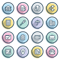 Banking contour icons on color buttons. Flat design.