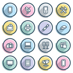 Electronics contour icons on color buttons. Flat design.