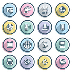 Communication contour icons on color buttons. Flat design.