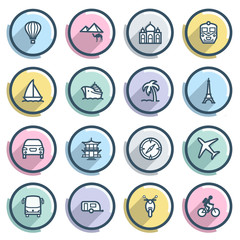 Travel contour icons on color buttons. Flat design.