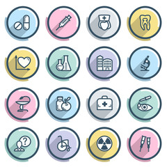 Medicine contour icons on color buttons. Flat design.