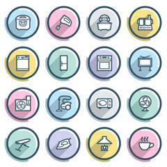Home appliances contour icons on color buttons. Flat design.