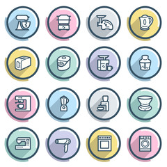 Home appliances contour icons on color buttons. Flat design.