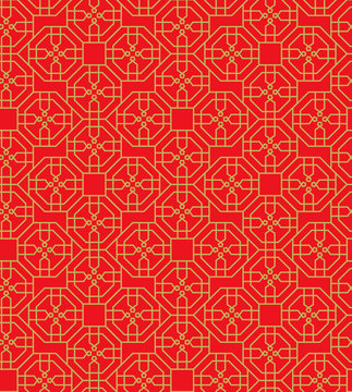 Golden seamless Chinese window tracery polygon geometry line pattern background.
