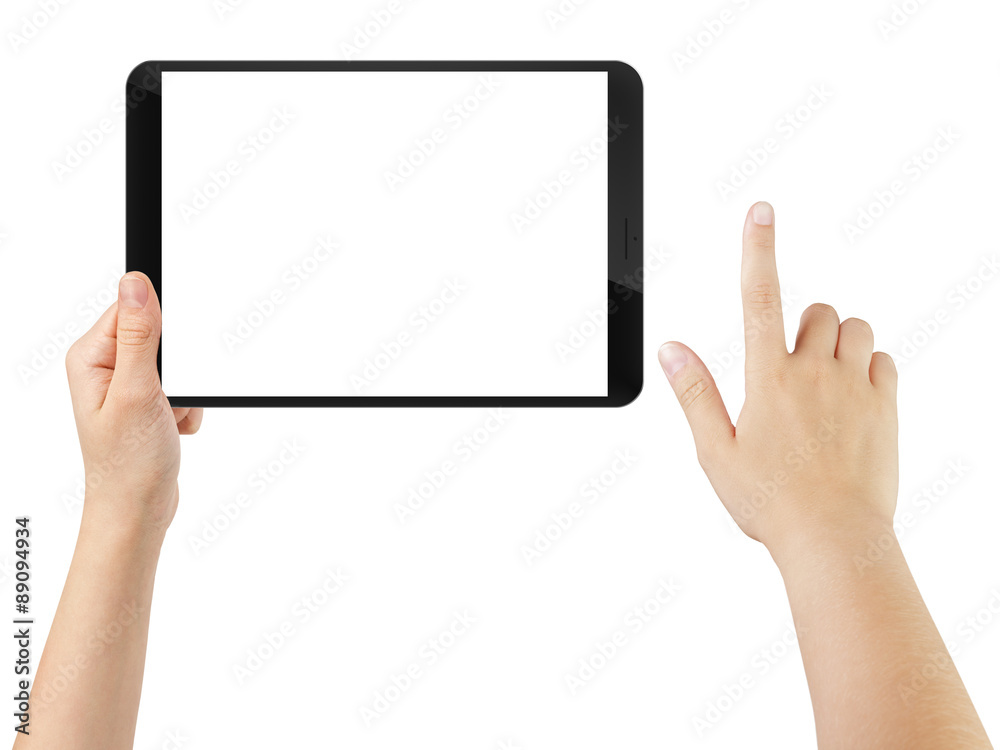 Sticker female teen hand using tablet pc with white screen, isolated