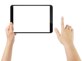 female teen hand using tablet pc with white screen, isolated