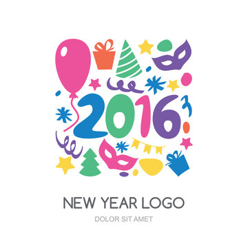 Multicolor hand drawn New Year 2016 logo. Vector icons set. Gift