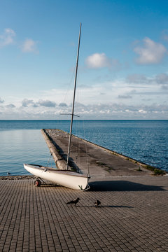 Single boat in the Nida pier. Curonian Lagoon, Lithuania