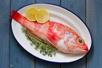 red fish with lemon on dish on blue background