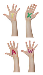 Alphabet (letters) painted on children hands.  Rises up hands. 
