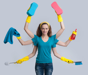 woman in a domestic role multitasking her cleaning