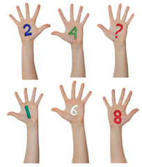 Obraz premium Numbers painted on children hands. Rises up hands. 