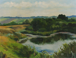 Summer landscape with lake. Oil painting - 89099944