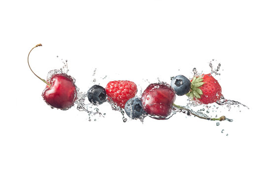 berries splashing water, red, blue, white background clip art preview