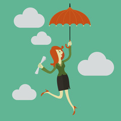 Businesswoman paragliding in the sky with an umbrella.