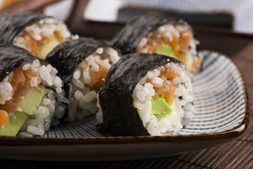 Sushi - Salmon rolls served on a plate