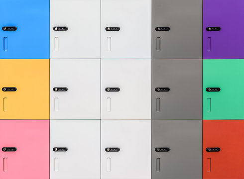 row of colorful lockers and security password code on door for s