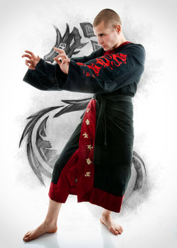 Man dressed in black dragon kimono demonstrating martial arts co