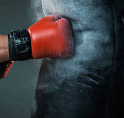 Hand  of boxer and punching bag over black background © master1305