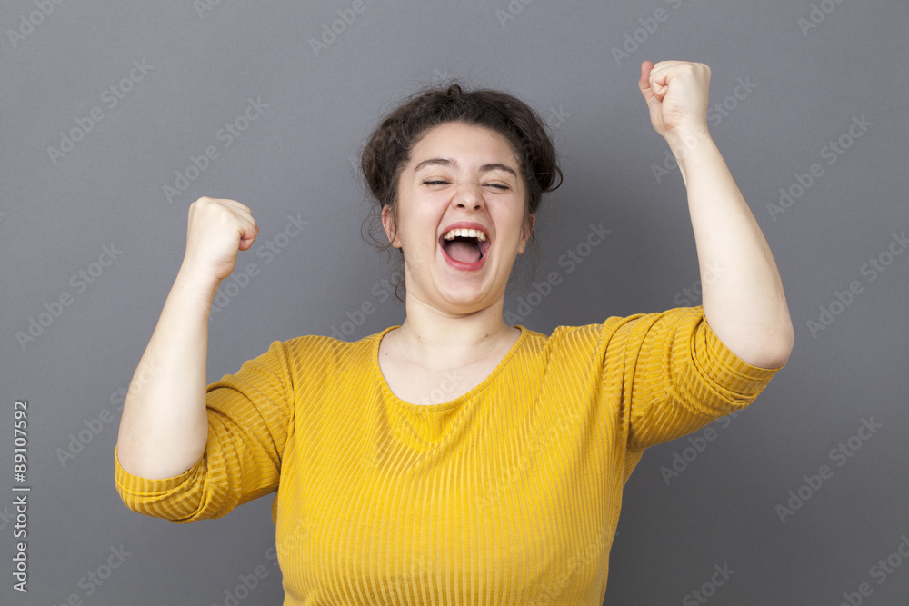 Wall mural shouting 20s big woman expressing fun victory