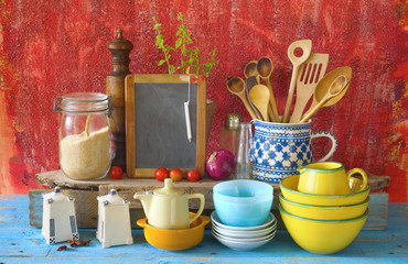 collection of vintage kitchenware, black board w. copy space