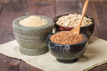 Rice, beans and buckwheat