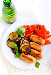 Roasted sausages, aubergine and  pepper