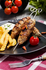 Barbecued kofta - kebeb with fries and vegetables on a plate.