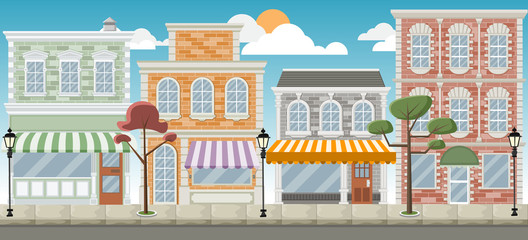 Street of a colorful city with shops