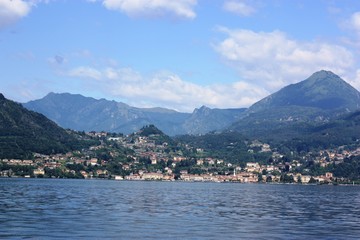Fototapeta premium Lake Como view towards Menaggio under blue sky in Lombardy Italy 