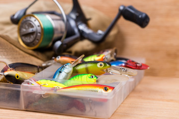 closeup fishing baits wobblers in box