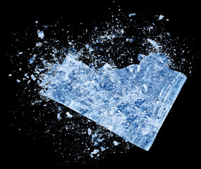 Abstract blue Ice crash explosion parts on black background. Collision, suspension crystal ice cubes damage. - obrazy, fototapety, plakaty