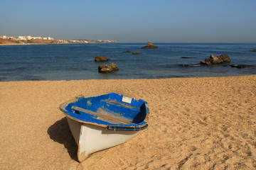 Fototapeta na wymiar Barque de pêche sur une plage de méditerranée (Alger Est), Algérie